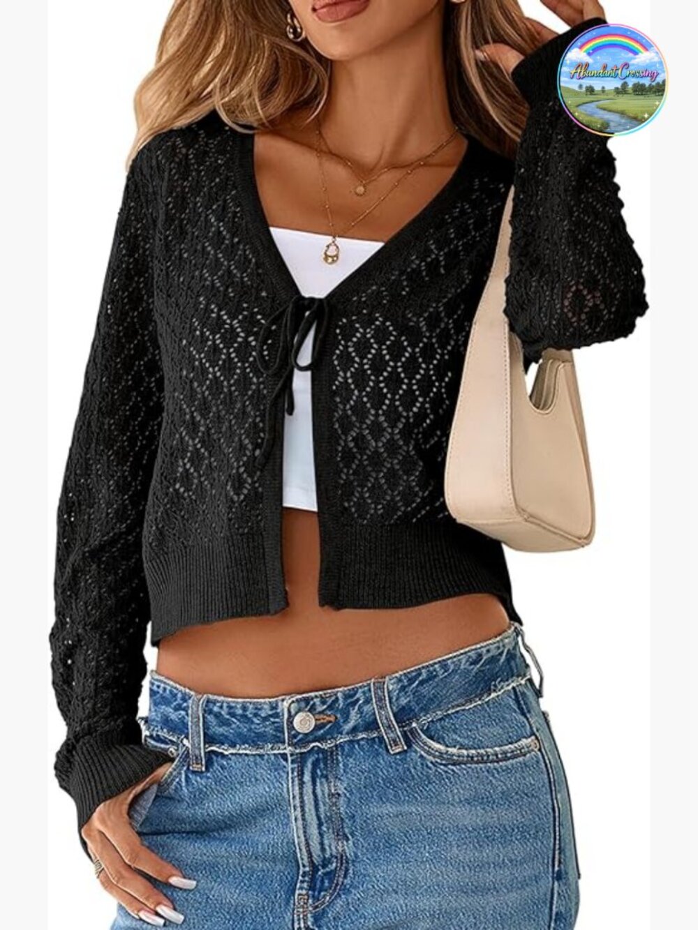 Women's Crochet Cardigan Tie Front Shrug Long Sleeve Knit Crop Top